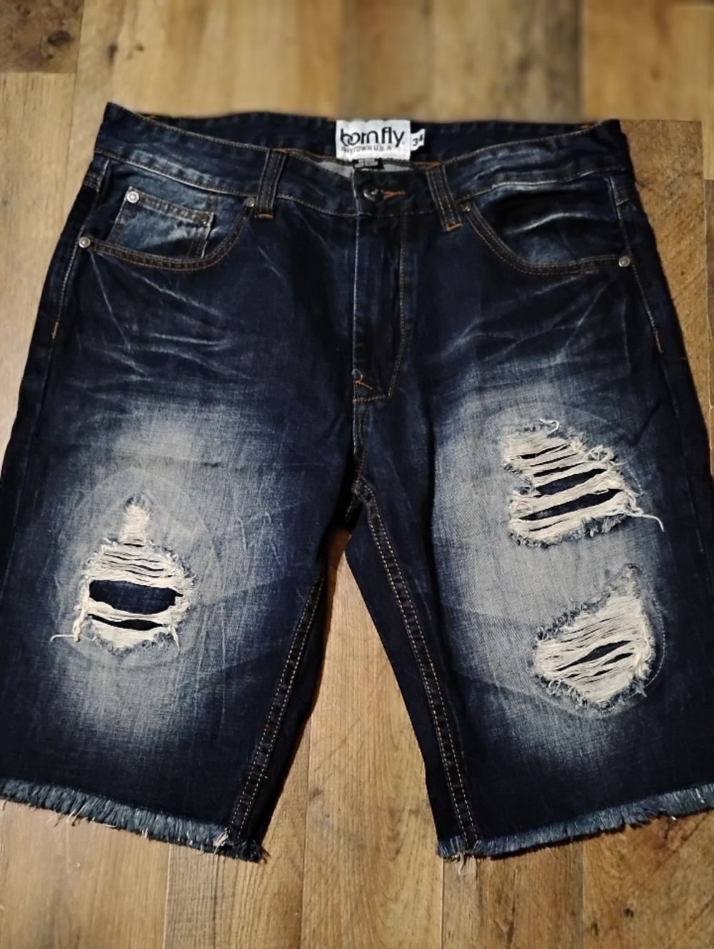 Born Fly Dark Wash Distressed Denim Shorts Mens Size: 34